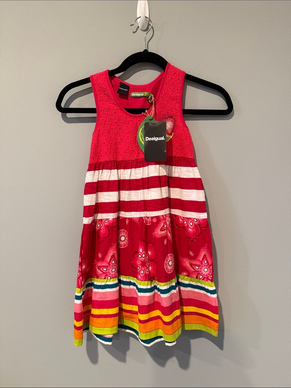 New-Desigual Bright Pink Striped & Floral Tank Dress
